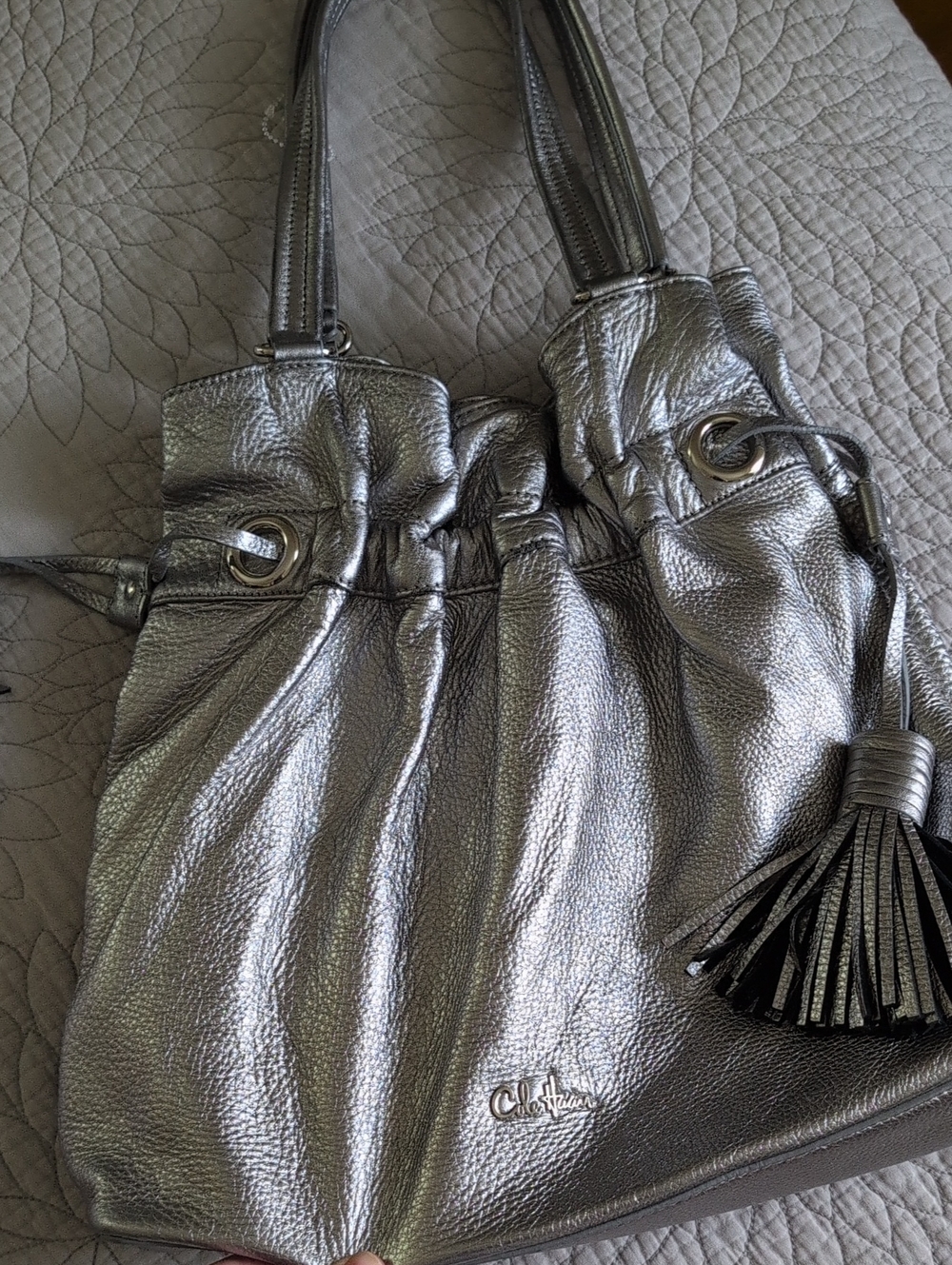 Cole Hahn Metallic leather Hobo Bag , Drawstring W Tassles